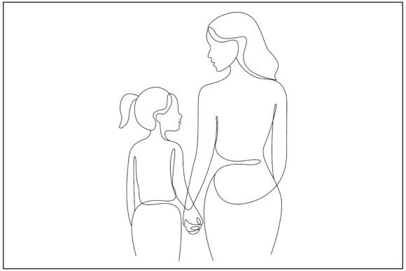 Back View Mom Daughter Line Art: Graphics & Illustrations